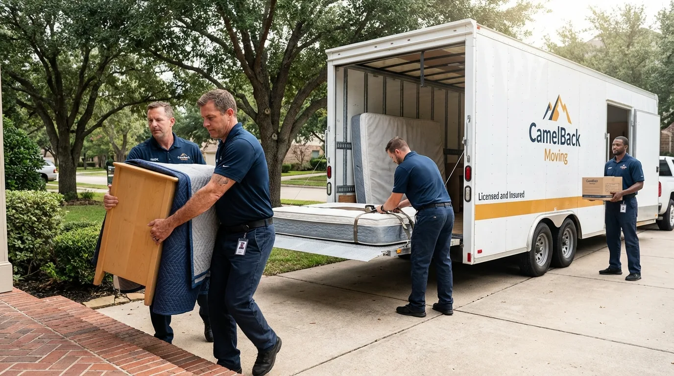 Crew loading residential truck for cross-state move from Mayville, WI