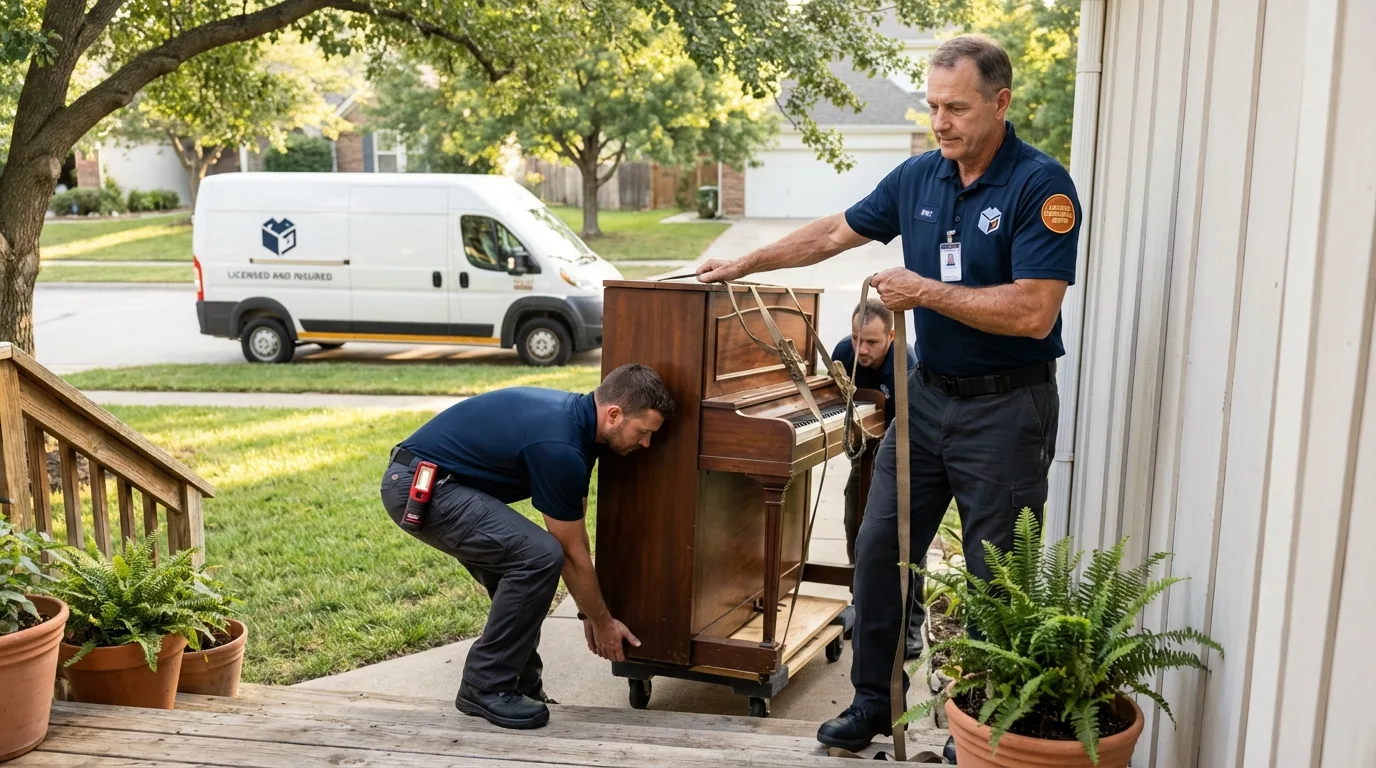 Licensed piano movers securing grand piano in Mayville, WI