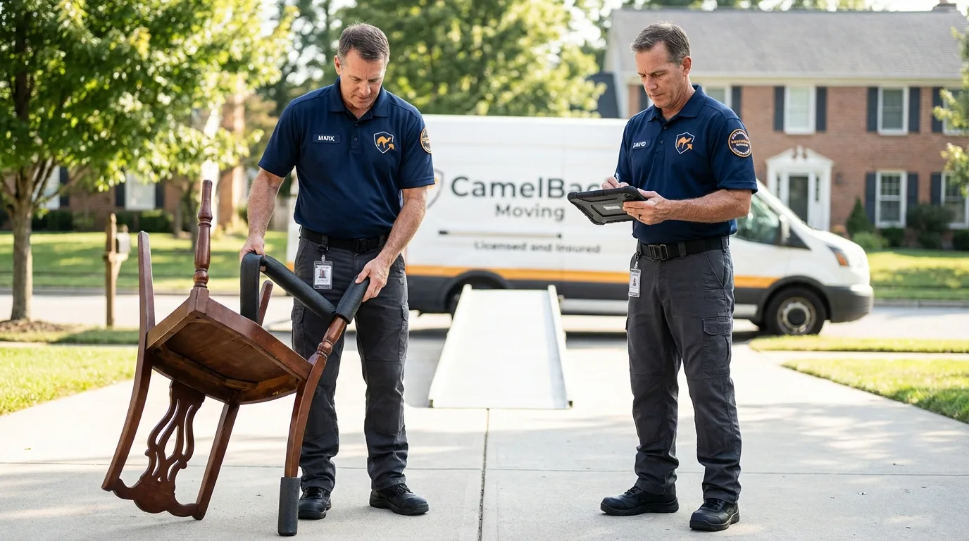 Movers inspecting furniture for damage prevention before loading in Mayville, WI