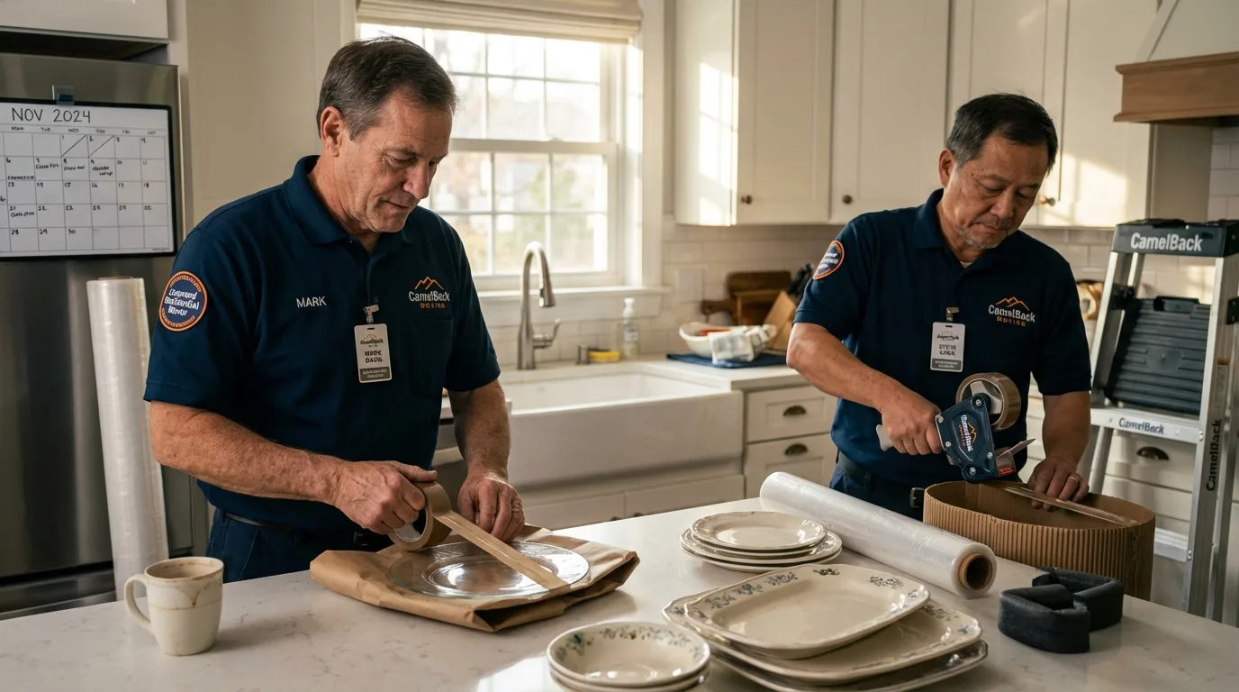 Professional crew packing kitchen dishware in Mayville, WI